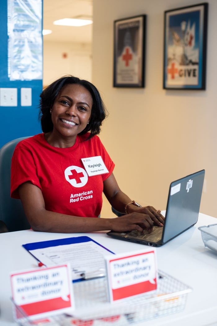 photo of female volunteer sitting at deskt on computer