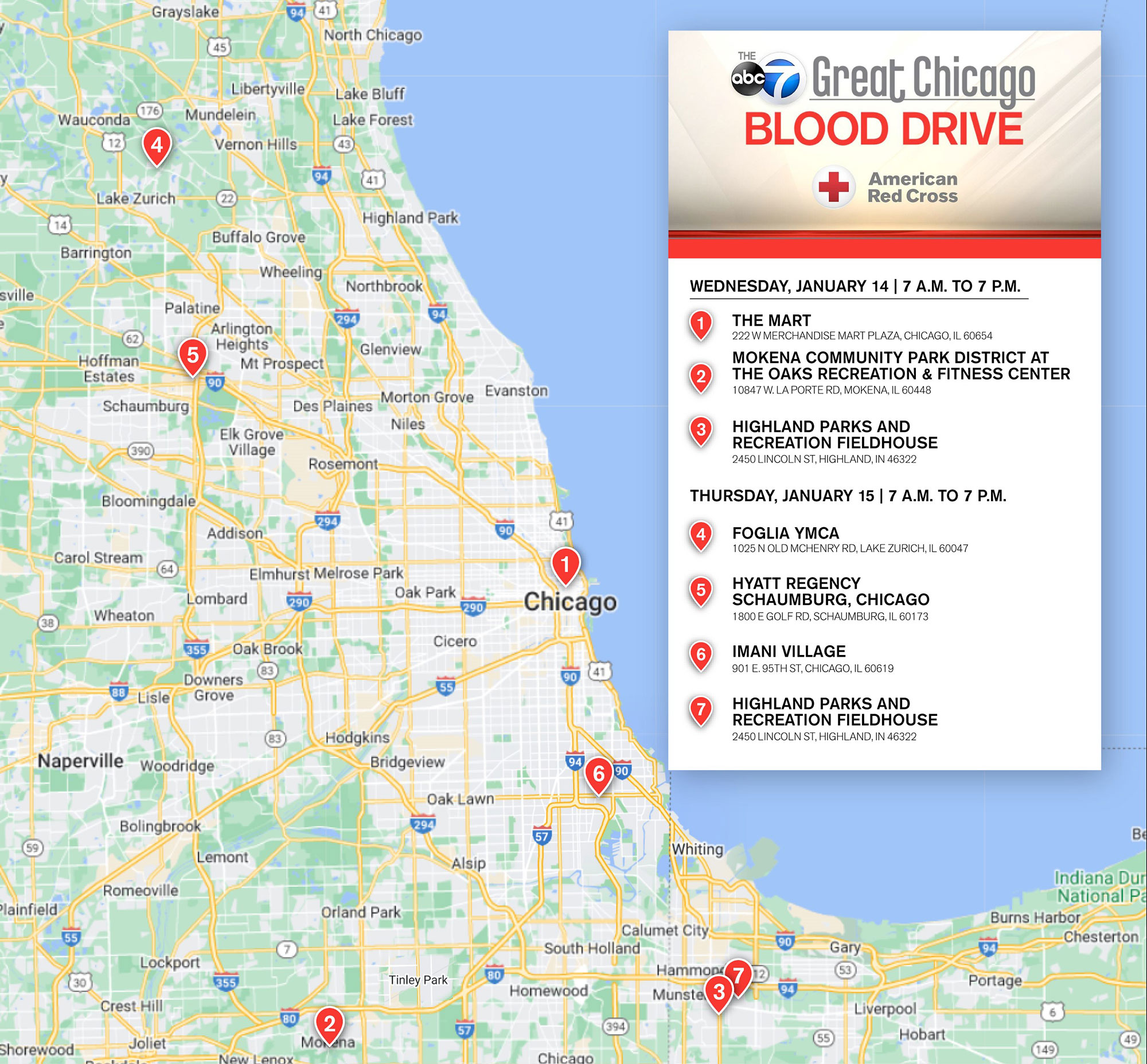 Map, with pins in it, showing the location of each blood drive.