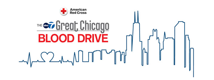 The abc 7 great chicago blood drive banner with a drawing of the chicago city skyline.