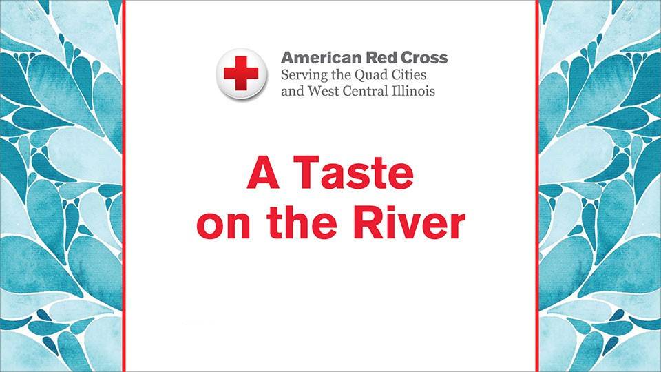 A Taste on the River banner with white and blue background and event info