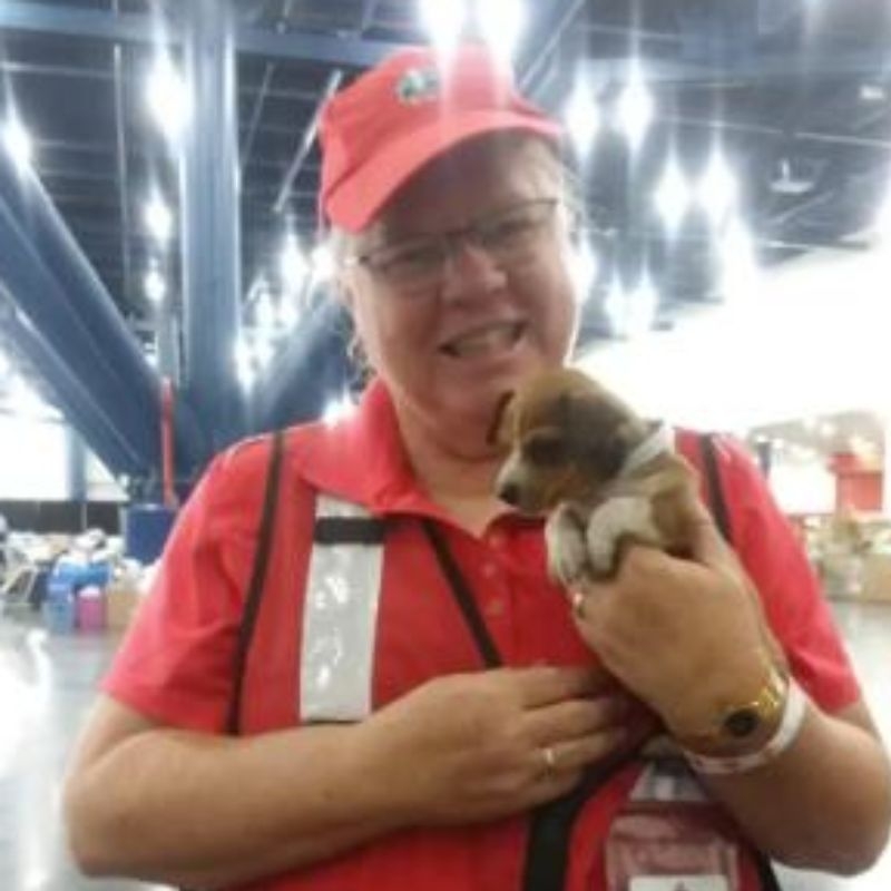 vicky brown holding puppy in shelter