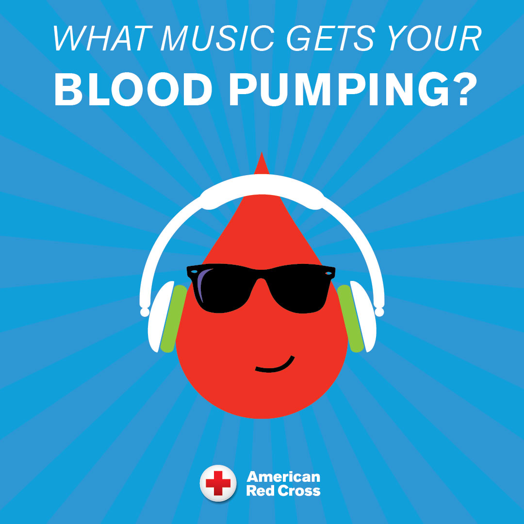 a drawing of a blood drop wearing headphones and sunglasses with the Red Cross logo below it.