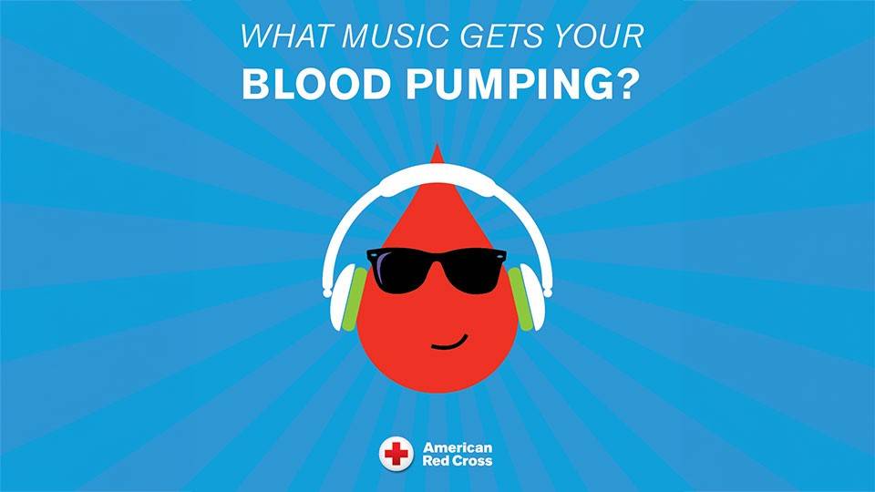 a drawing of a blood drop wearing headphones and sunglasses with the Red Cross logo below it.