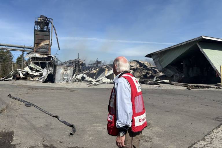 Man in Red Cross vest looks out over damaged building