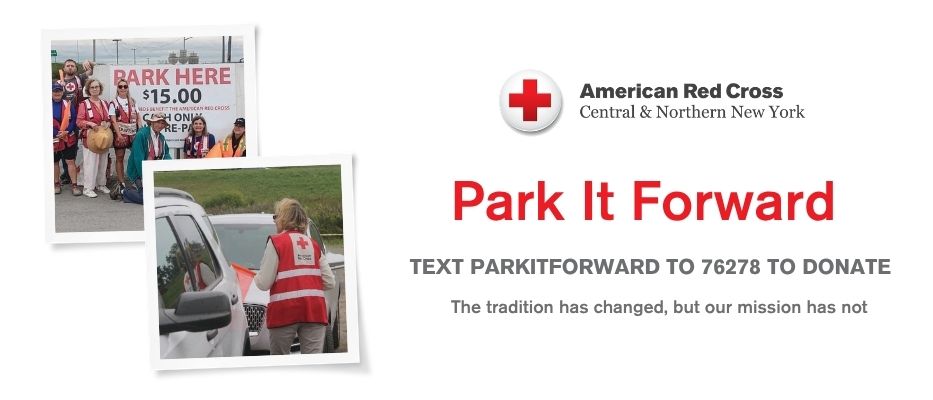 Collage of three images of Red Cross Volunteers doing various things.