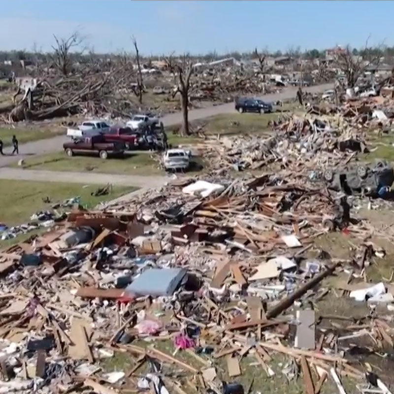 Destroyed homes from a tornado.