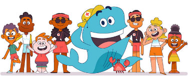 A group of cheerful, animated children and a large, smiling blue whale wearing a yellow hat stand together, expressing joy and excitement.