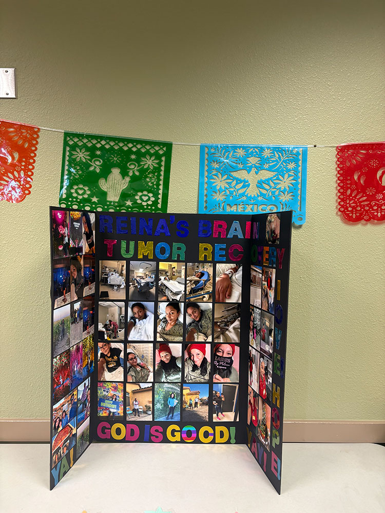 A bilboard that says, "Reina's brain tumor recovery God is good!" with multiple pictures of Reina Nunez.