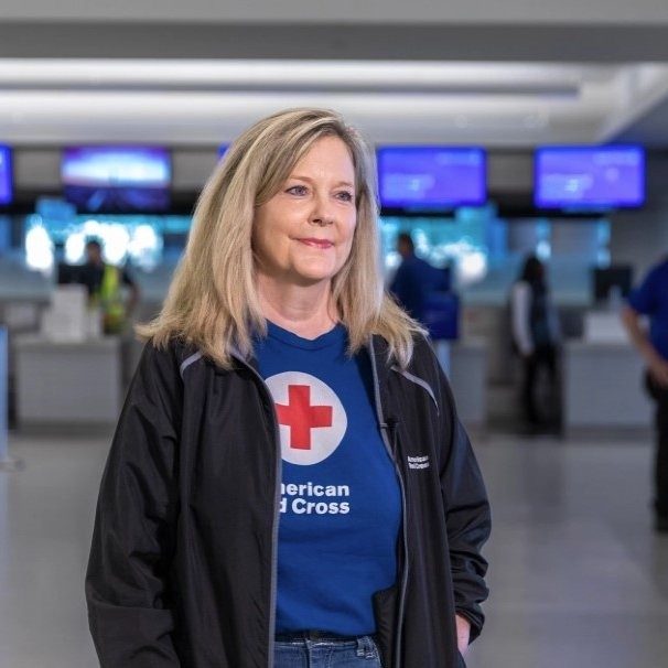 woman in blue shirt