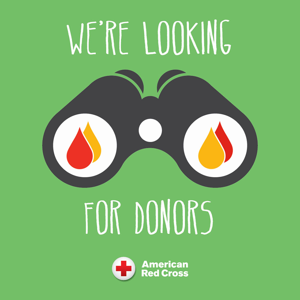 Drawing of binoculars with blood drop icons in the lenses and text that says, we're looking for donors.