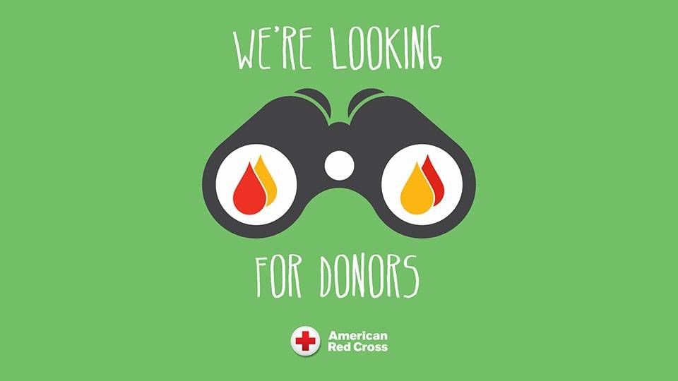 Drawing of binoculars with blood drop icons in the lenses and text that says, we're looking for donors.