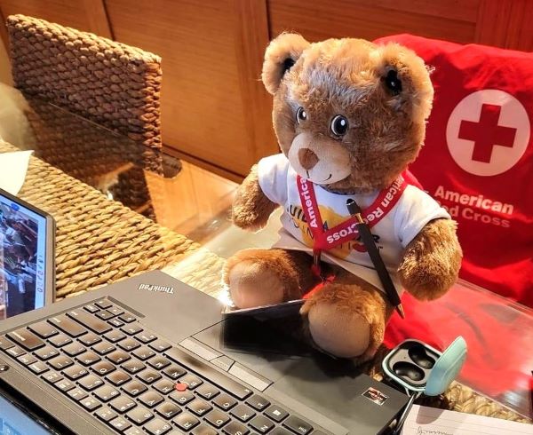 Babs, a Build-A-Bear, traveled from Kansas City, MO to Hawaii with JoAnn Woody, Red Cross Executive Director, when she deployed to Hawaii to assist in the disaster responders there. (Red Cross photo)