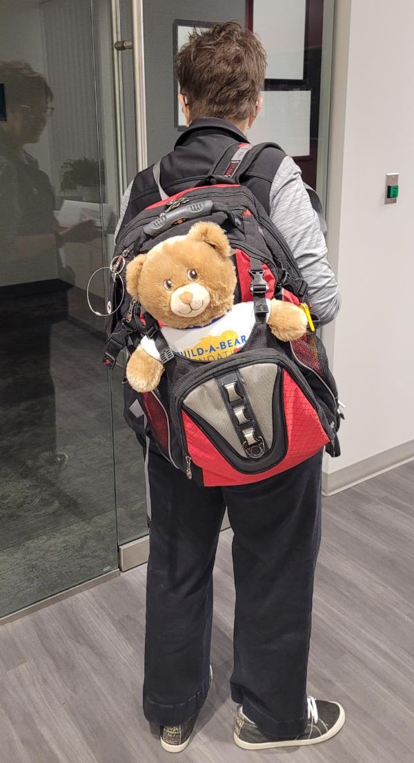 JoAnn Woody, Red Cross Greater Kansas City & Northwest Missouri chapter executive, brings along Babs, a Build-A-Bear, when she went to Hawaii to assist in the disaster responders there. (Red Cross photo)