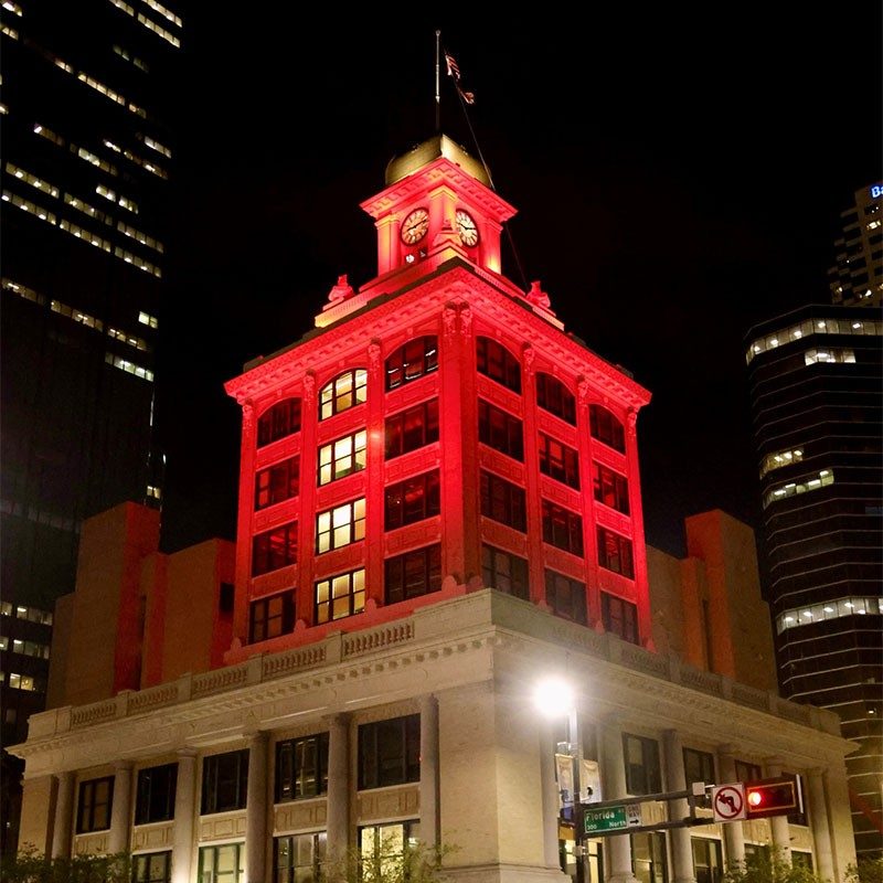 Building lit up red