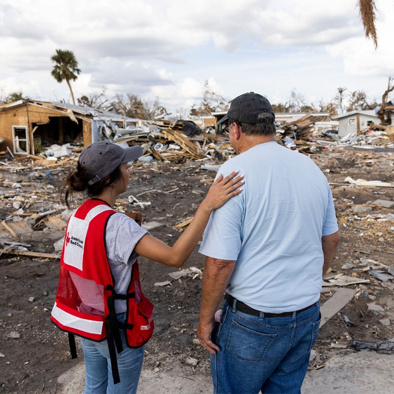 Red Cross volunteer with hand on shoulder of man in front of destroyed homes.