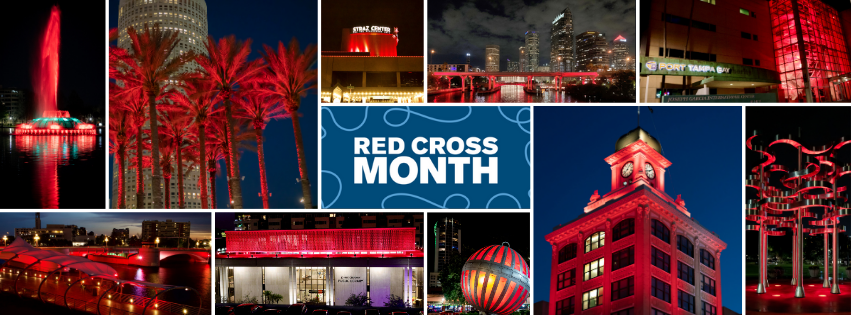 Collage of images of buildings lit up red for March Is Red Cross Month.