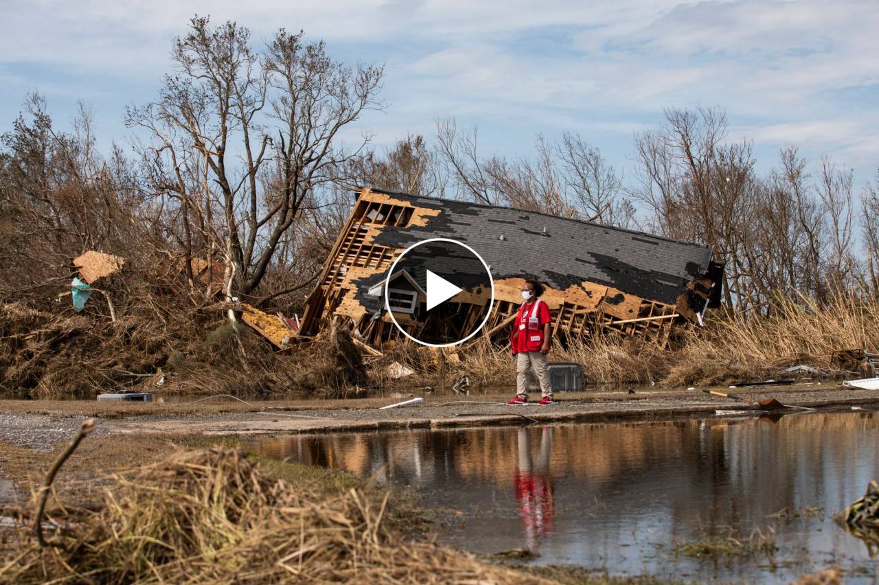 August 30, 2020. Cameron, Louisiana
Pamala Harris of the American Red Cross looks out on a home destroyed by Hurricane Laura in Cameron Parish, LA, one of the hardest hit areas, on Sunday, August 30, 2020.
Photo by Scott Dalton/American Red Cross
