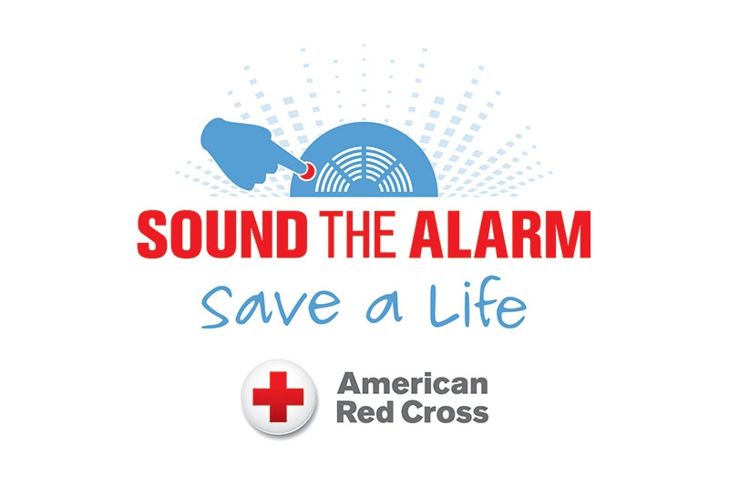 Sound the Alarm Save a Life with drawing of blue hand and smoke alarm banner