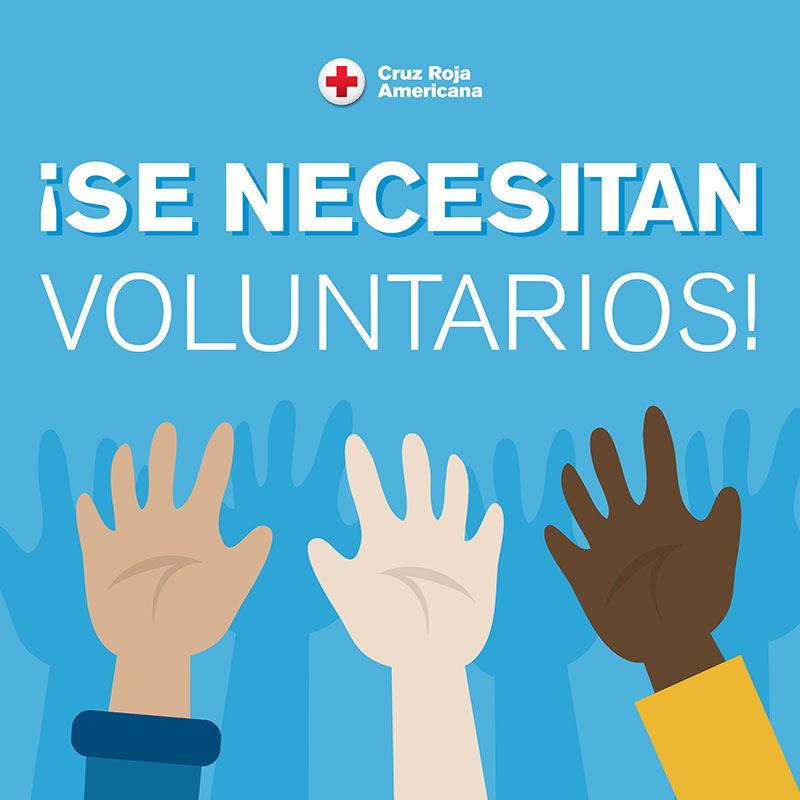 a Red Cross volunteer poster in Spanish with drawings of three arms rasied.