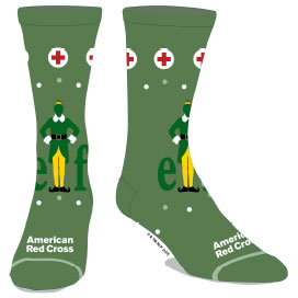 Green elf socks with American Red Cross logos