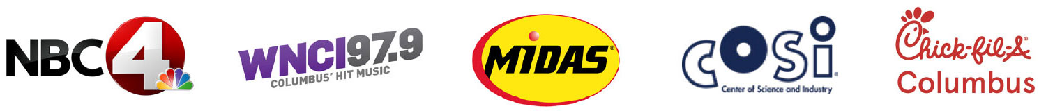 Sponsor logos. NBC4, WNCI97.9, MIDAS, COSI and Chick-fil-A Columbus