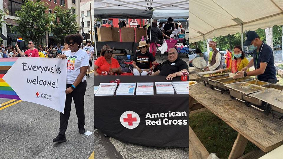 a picture collage of Red Cross volunteers in local community events.