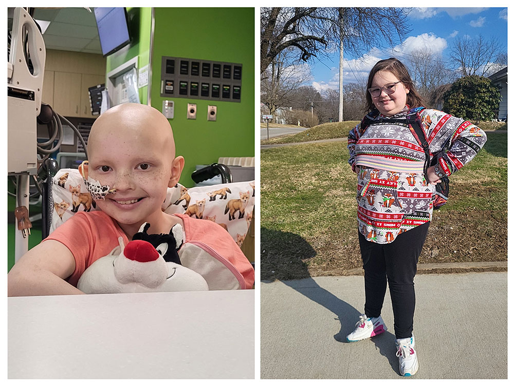 A split image showing a young girl in a hospital, smiling with a plush toy, and later outside wearing glasses and a festive sweater.
