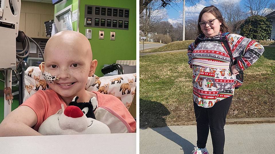 A split image showing a young girl in a hospital, smiling with a plush toy, and later outside wearing glasses and a festive sweater.