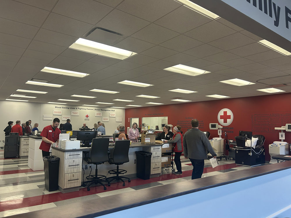 workers and donors inside the New Blood and Platelet Donation Center in the Cincinnati Chapter office on Dana Avenue.