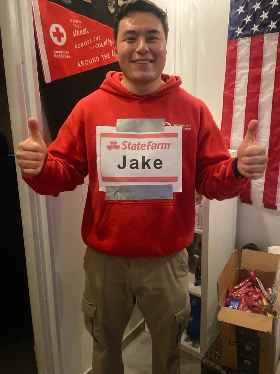 Andrew Yao in his halloween costume, Jake from State Farm