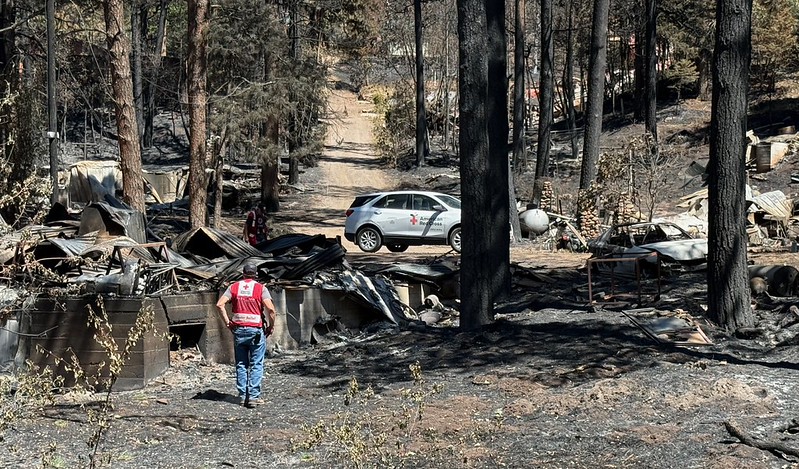 A Red Cross volunteer stands among wreckage and debris from a wildfire