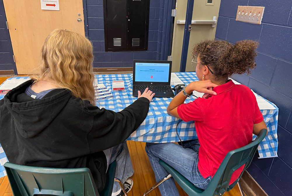 Two people looking at a laptop computer screen