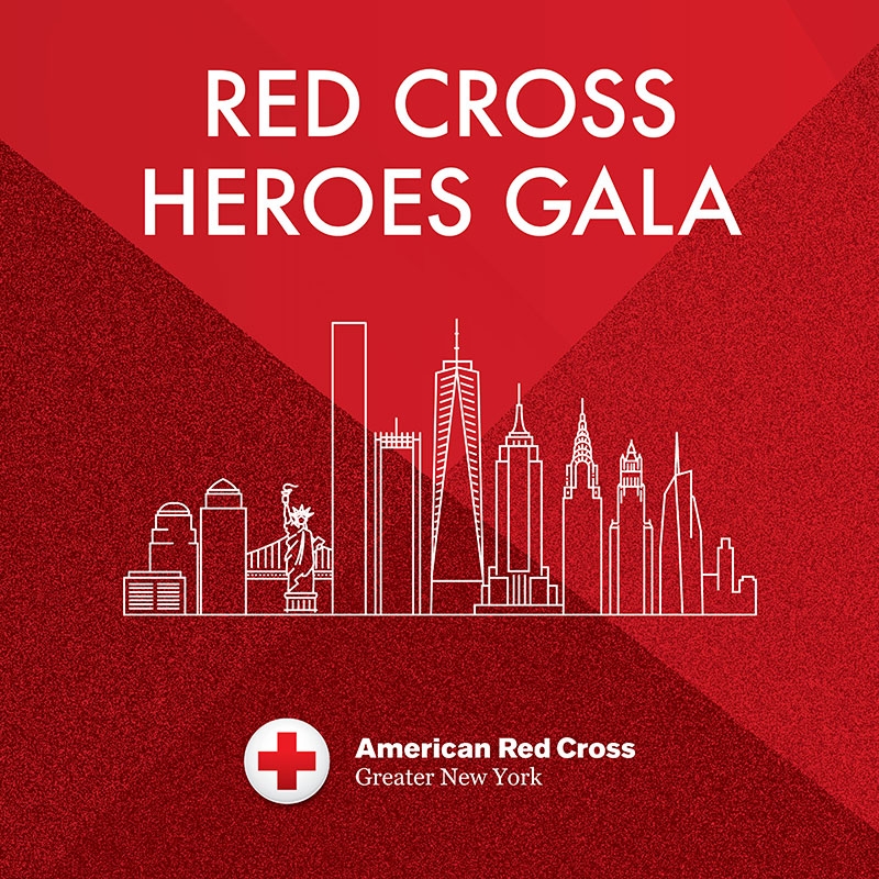 Red Cross Heroes Gala banner with drawing of buildings