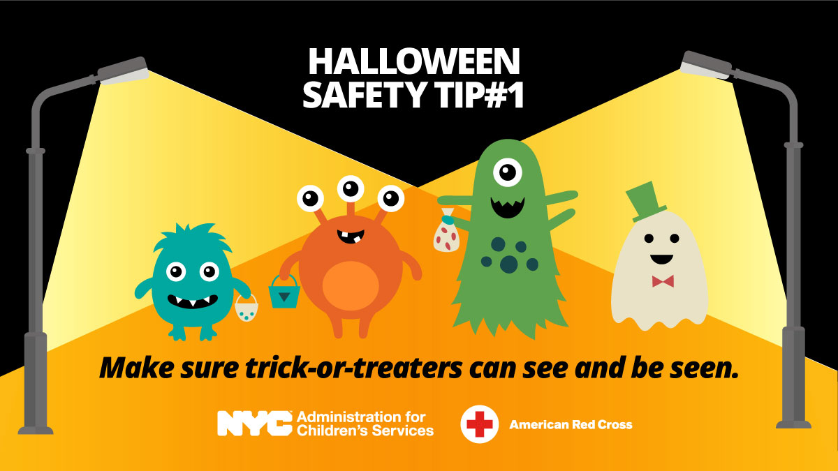 Halloween safety tip banner with drawings of spooky monsters.