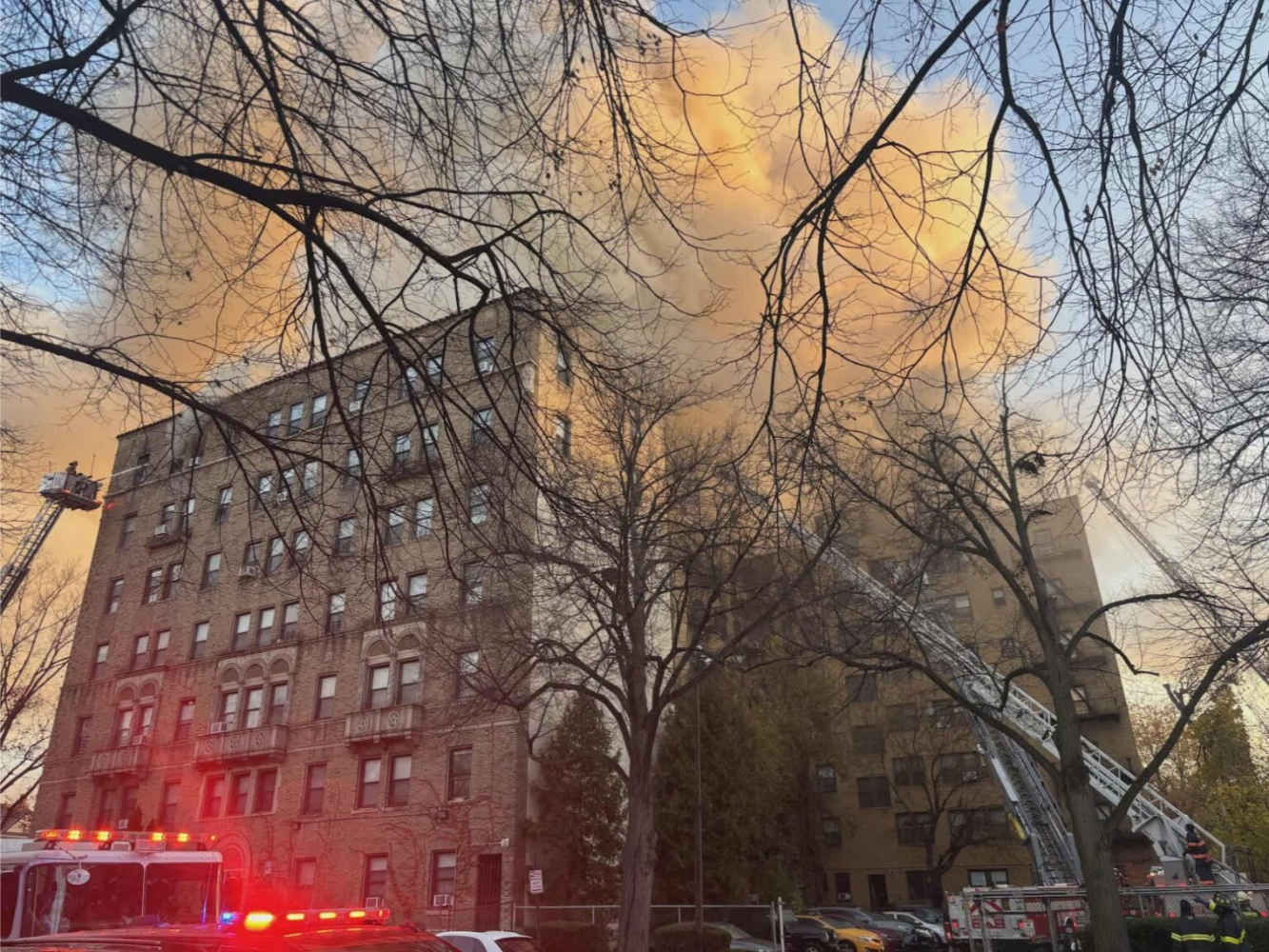 Smoke billows from the building on Cottage Avenue in Mount Vernon as firefighters continue working to extinguish the fire on Sunday, November 23, 2025.