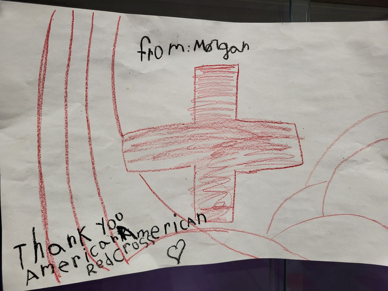 A hand-drawn picture thanking the Red Cross volunteers who supported the shelter in Mount Vernon for more than two weeks.
