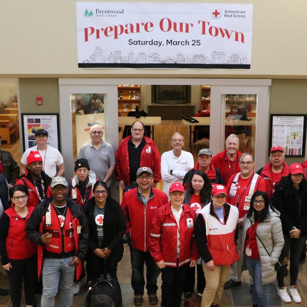 Red Cross personnel in front of Brentwood Library