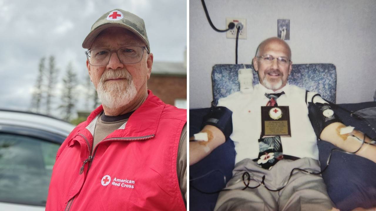 Split image showing JIm Getz on left wearing a Red Cross vest. Photo on right shows Jim Getz donating platelets at a blood donation center.