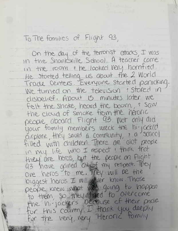 A letter written to the families of Flight 93 from a child.