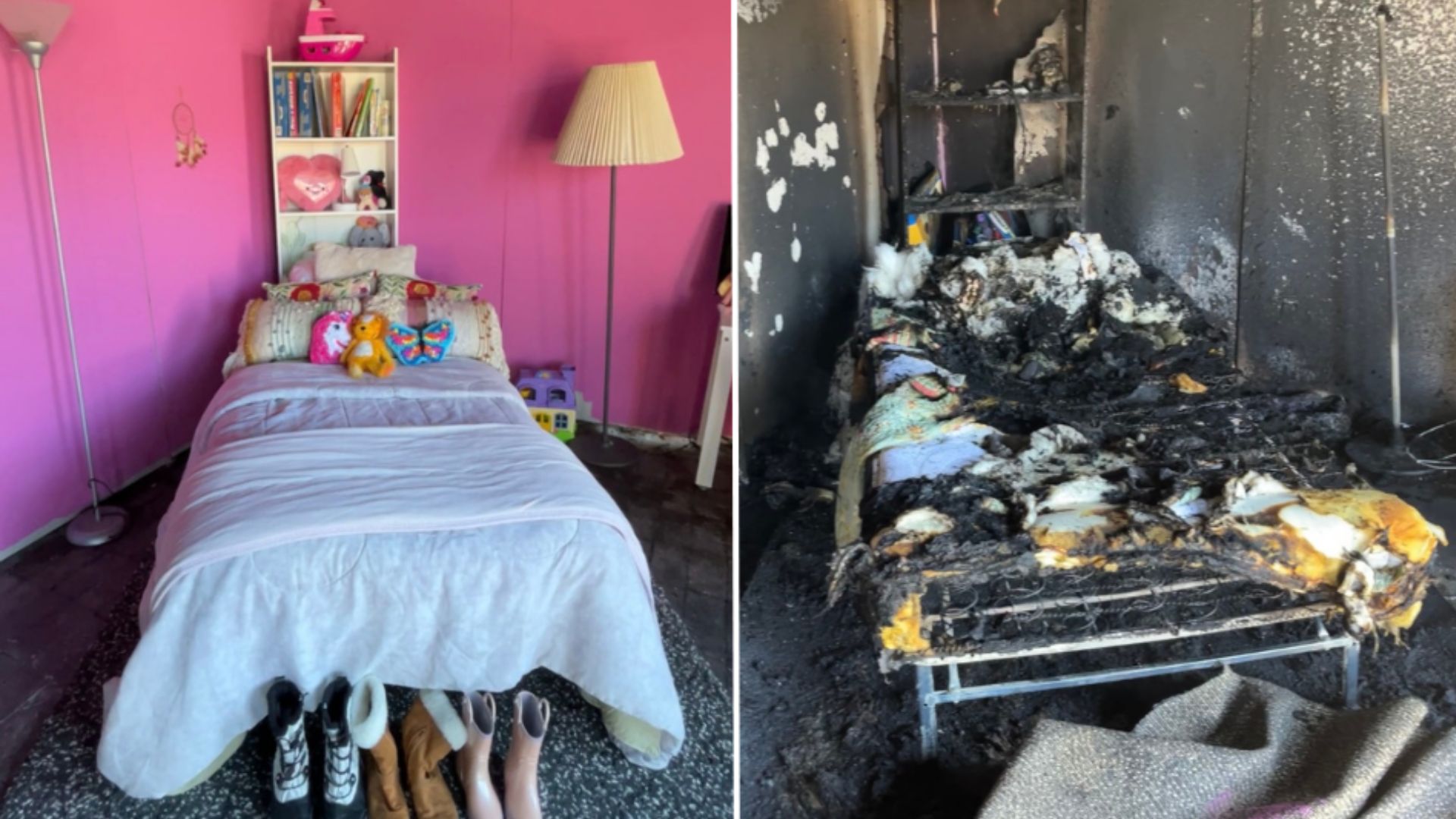 before and after photos of bedroom from house fire