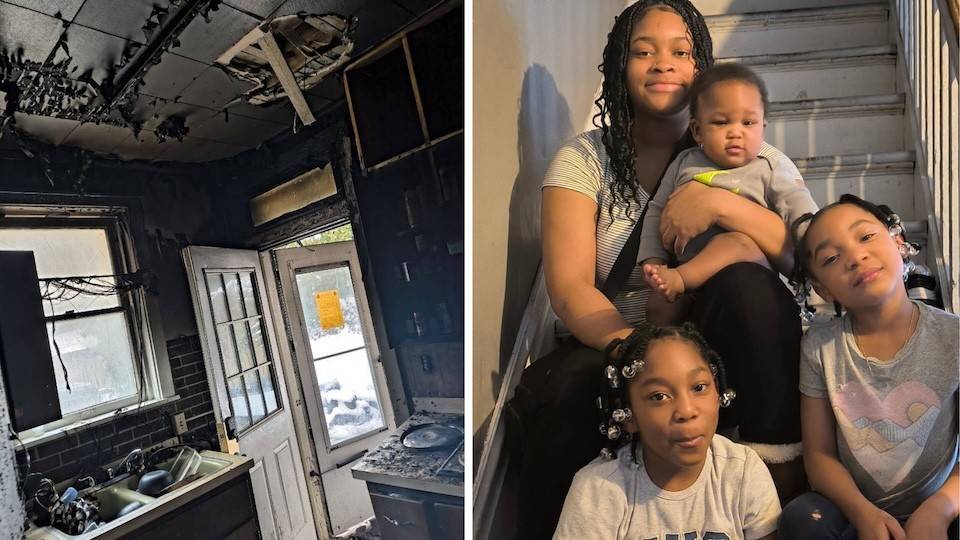 Split image showing fire-damaged kitchen on the left side. Right side shows Honezty Snyder sitting on stairs with her three siblings.