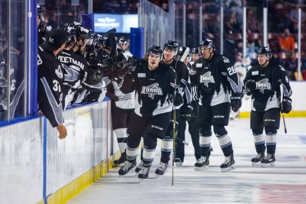 Idaho Steelheads hockey players skating on the ice near the boards