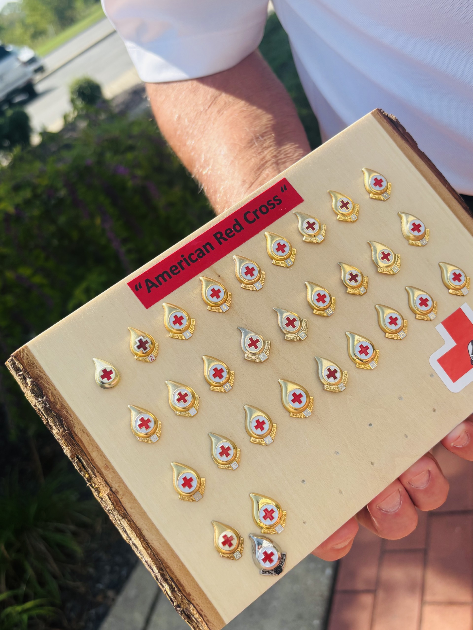 Board displaying blood donation pins