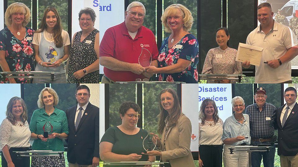 picture collage of 2025 volunteer award winners being presented their award on stage at an event.
