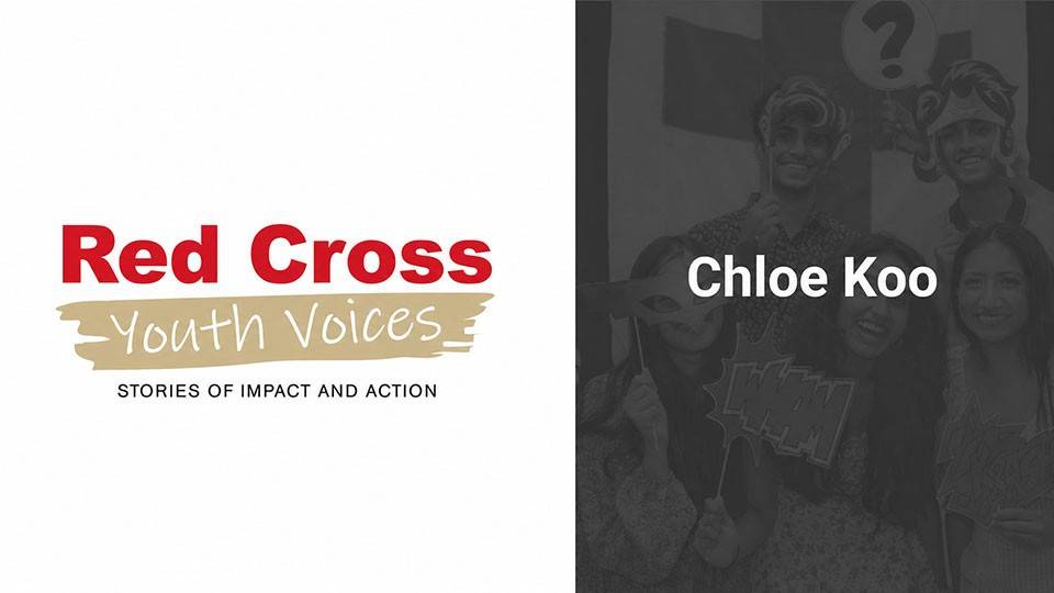 Red Cross Youth Voices cover image with black and white group photo. Text reads: "Chloe Koo," on the right.
