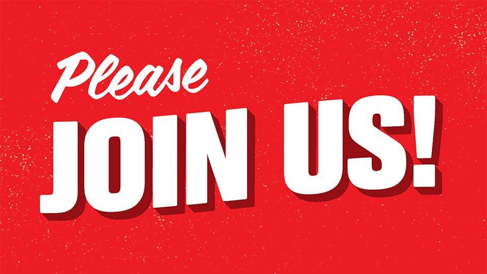 banner that says, please join us!