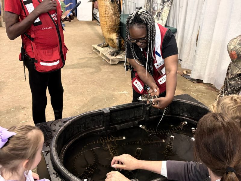 volunteers helping children in exhibit