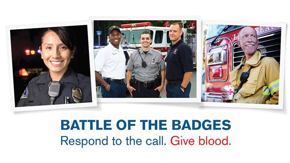 battle of the badges banner with a photo collage of police officers, firefighters, and paramedics.