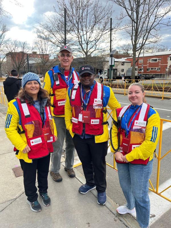 group of red crossers at boston marathon