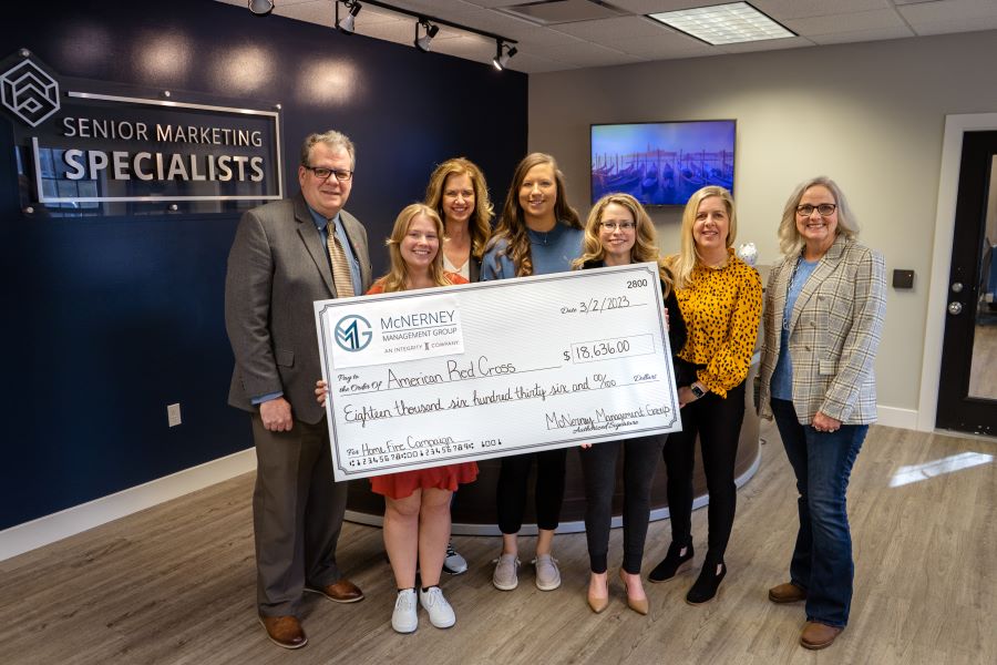 Senior Marketing Specialist supports the American Red Cross through their staff fundraising, and the company matches that donation every year. From L-R- John Wagner (American Red Cross), Riannon Zellmer (SMS), JoAnn Wray (SMS), Katlyn Drebenstedt (SMS), Rebecca Gordon (American Red Cross), Abbey Overstreet (American Red Cross), and Chris Kiley (SMS) 